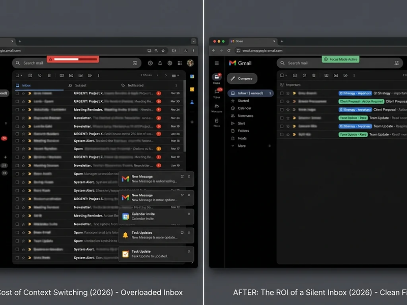Graph illustrating context switching costs in 2026 and the benefits of a silent inbox for executives.
