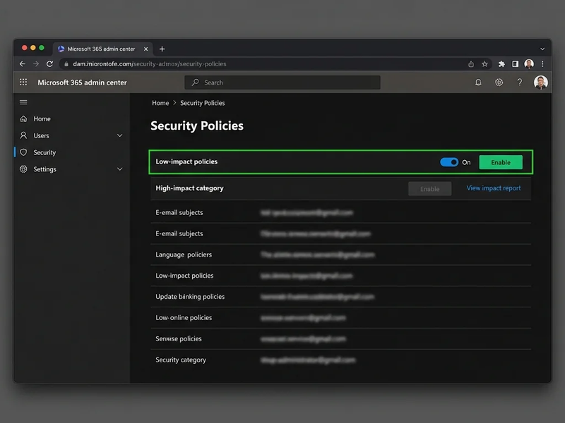 Diagram illustrating steps to enhance Microsoft 365 security settings for executives, focusing on low-impact policies first.