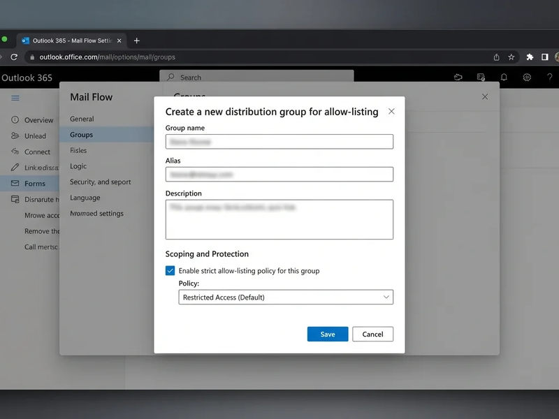 Diagram showing steps to configure strict allow-listing in Outlook 365, focusing on group selection for policy rules.
