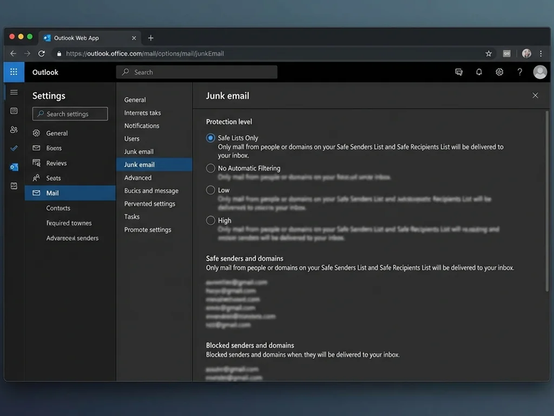Select "Safe Lists Only" for Outlook protection level settings.