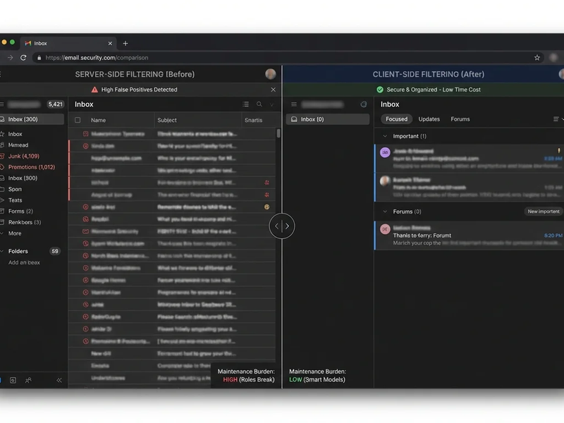 Illustration comparing server-side and client-side email filtering, highlighting false positives, false negatives, and mai...