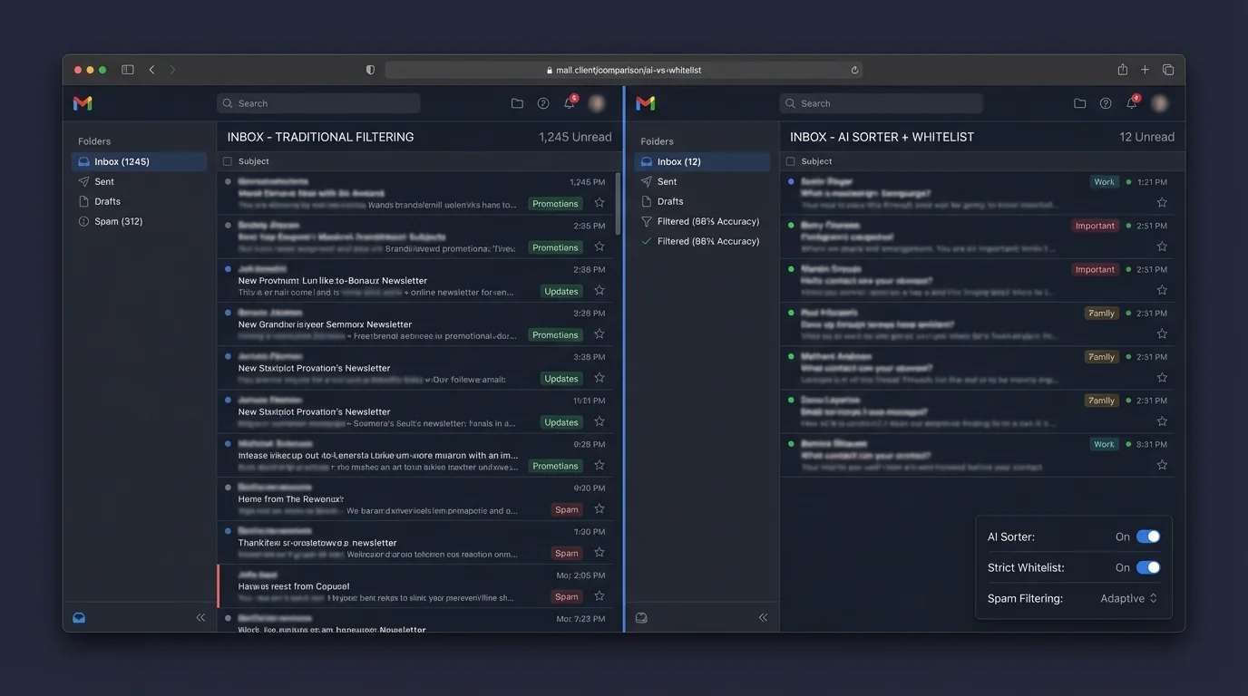 Comparison of AI email sorting and whitelisting in managing spam and phishing threats.