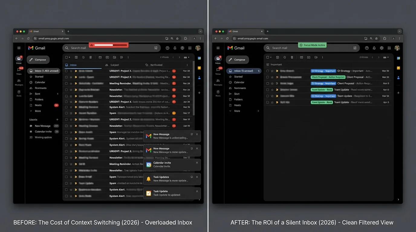 Graph illustrating context switching costs in 2026 and the benefits of a silent inbox for executives.
