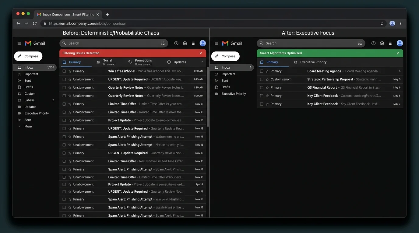 Comparison of deterministic vs probabilistic email filtering and challenges faced by smart algorithms for executives.
