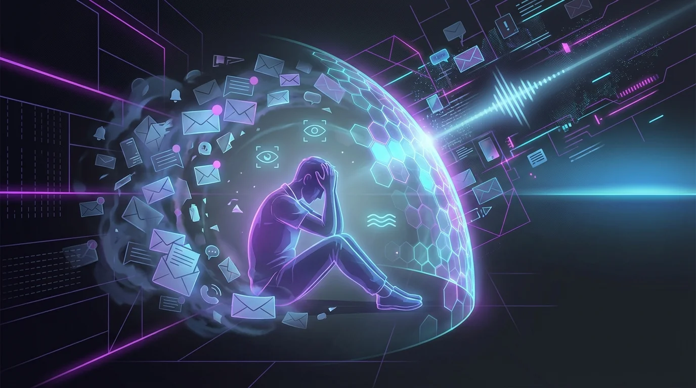 Frustrated person overwhelmed by a cluttered email inbox symbolizing email overload psychology.