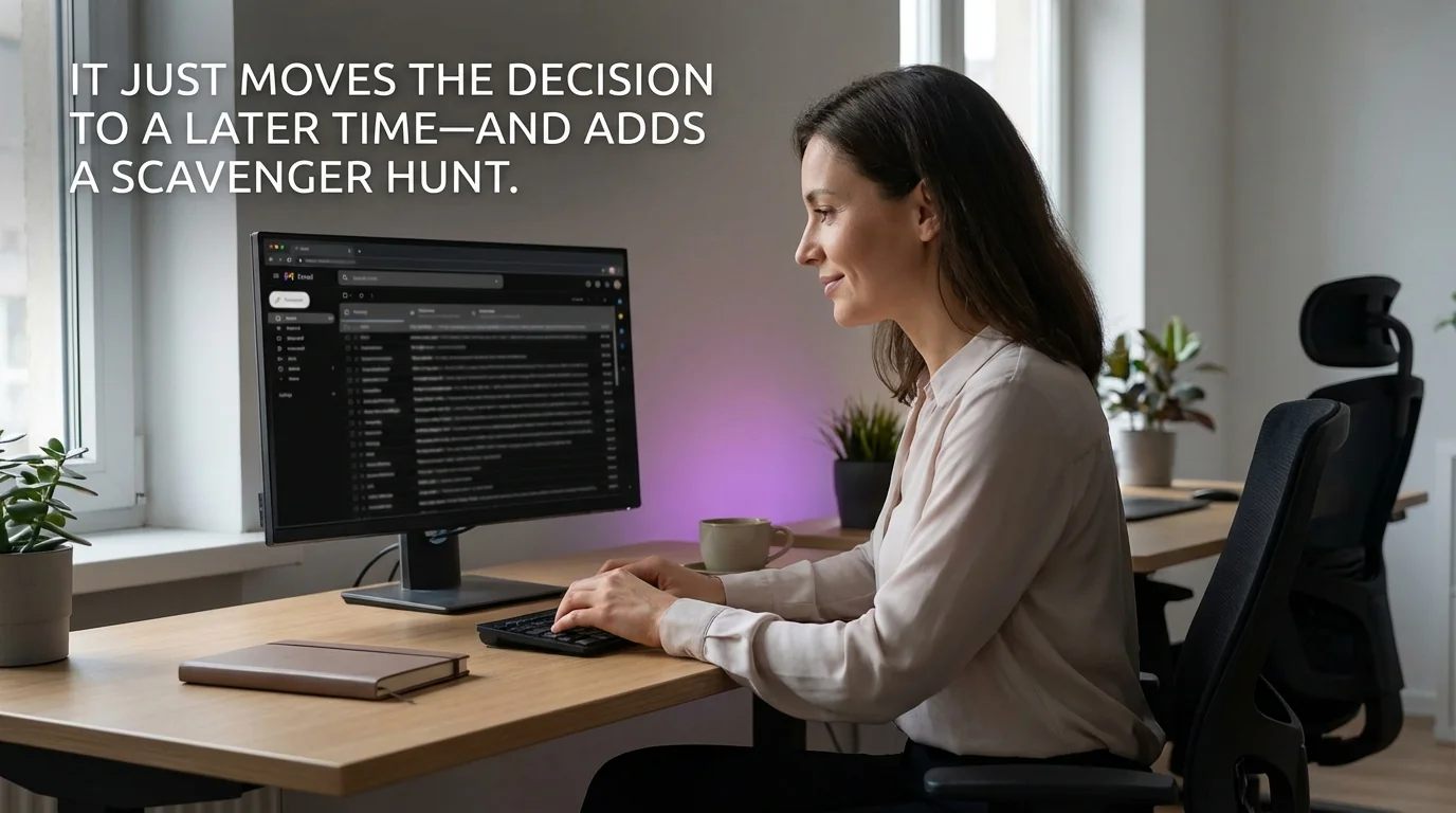 Graphic illustrating email productivity tips with a focus on delaying decisions and turning tasks into a scavenger hunt.