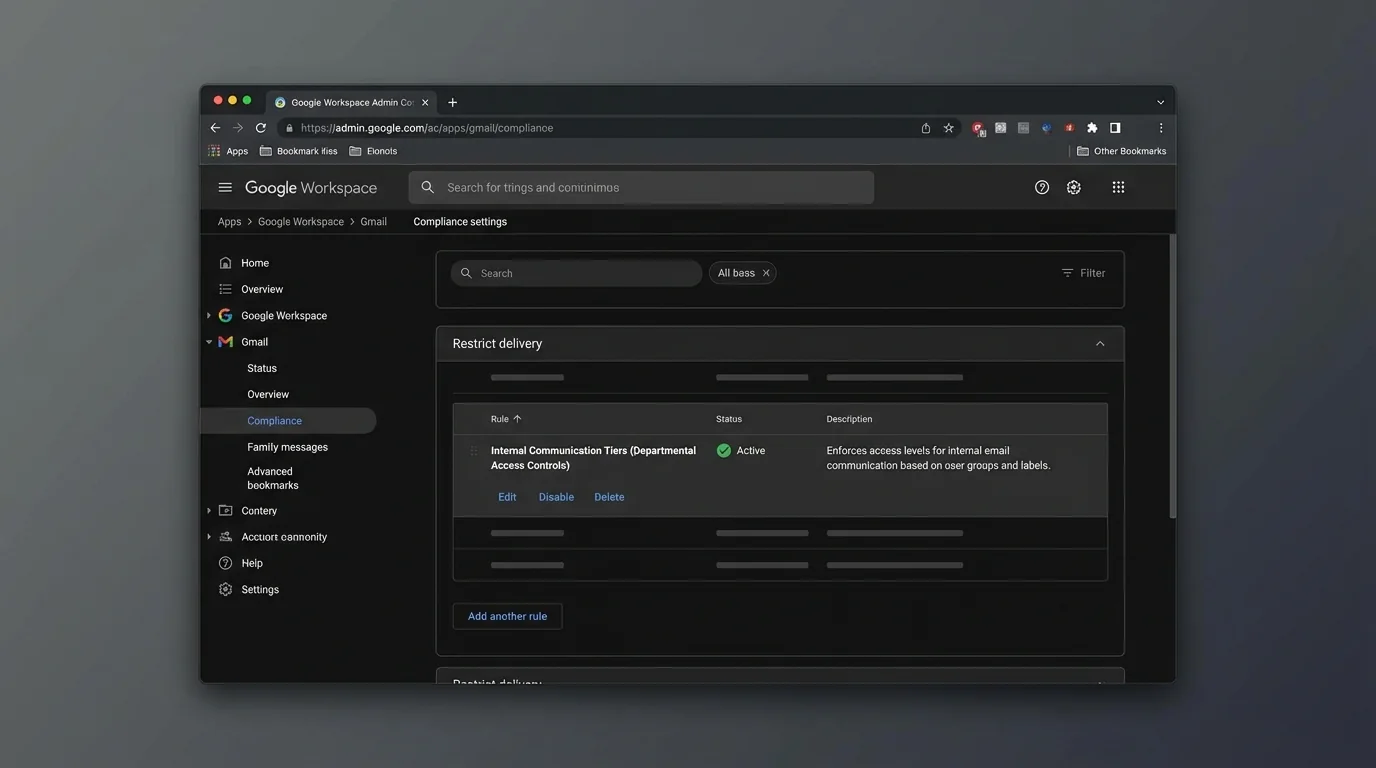 Admin interface displaying settings for restricting internal email access levels in Google Workspace.