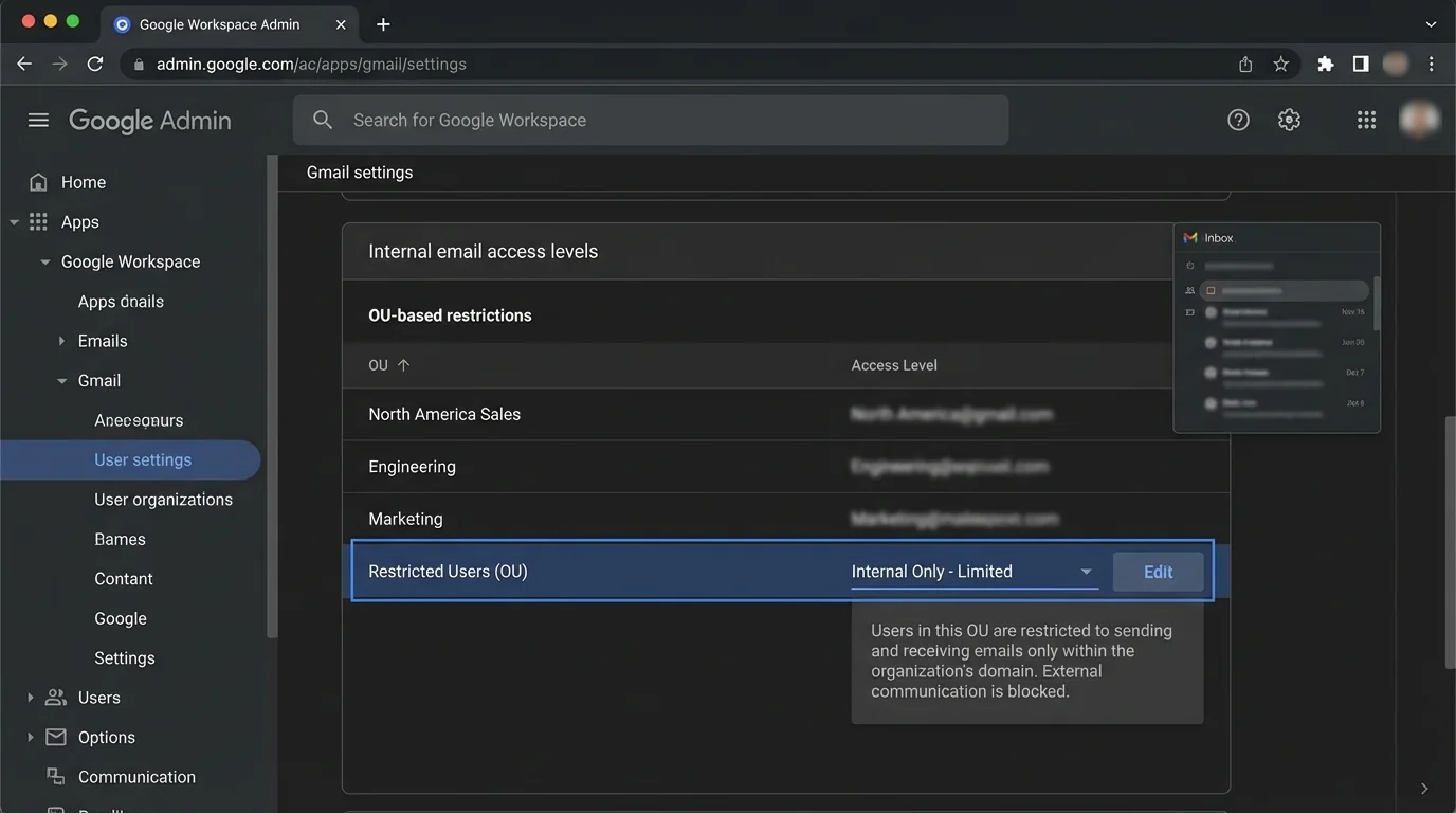 Admin guide on restricting internal email access levels in Google Workspace for a dedicated organizational unit.