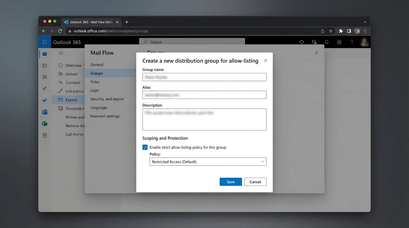 Diagram showing steps to configure strict allow-listing in Outlook 365, focusing on group selection for policy rules.