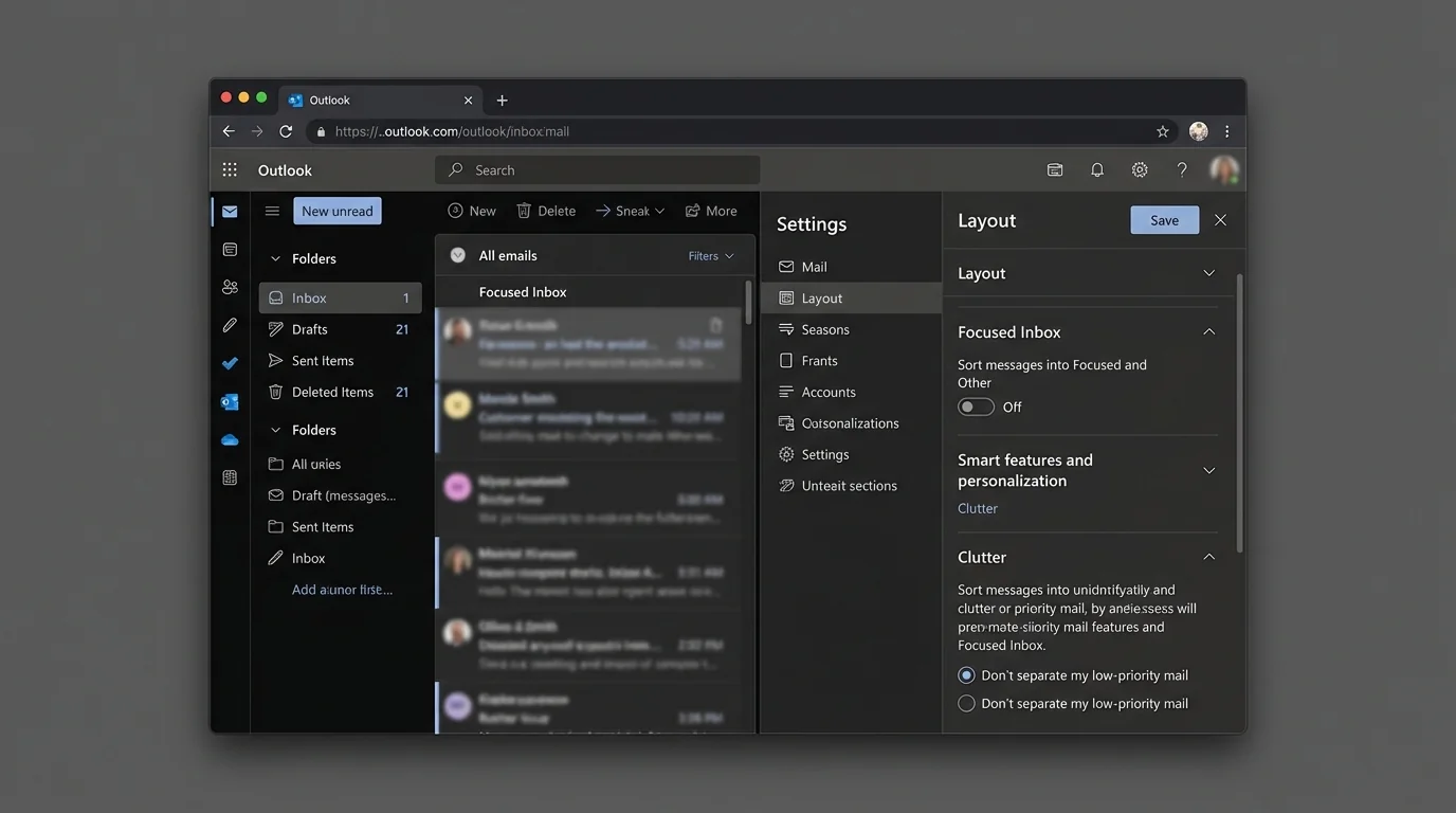 A visual guide showing steps to disable Focused Inbox and Clutter in Outlook, displaying a single Inbox view.