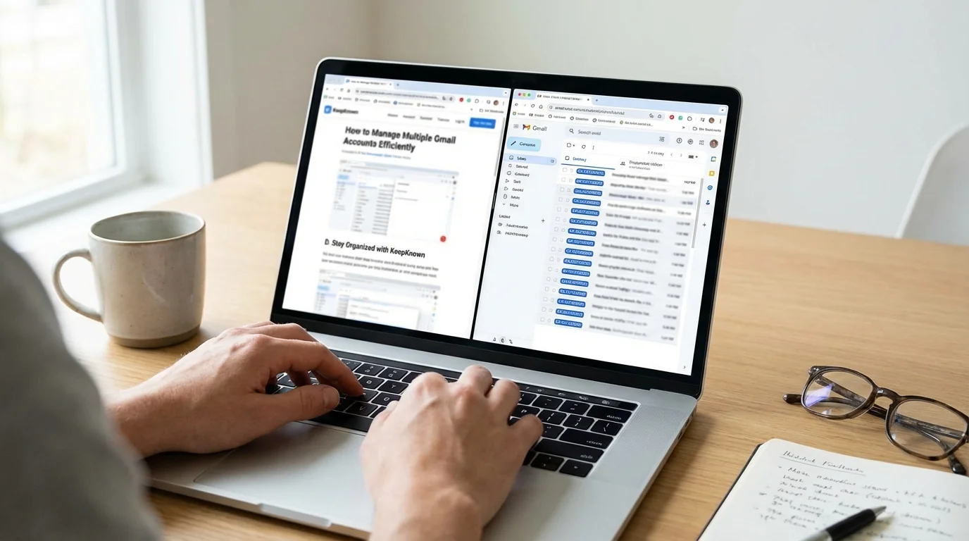 Infographic on managing multiple Gmail accounts with KeepKnown for email organization and filtering.