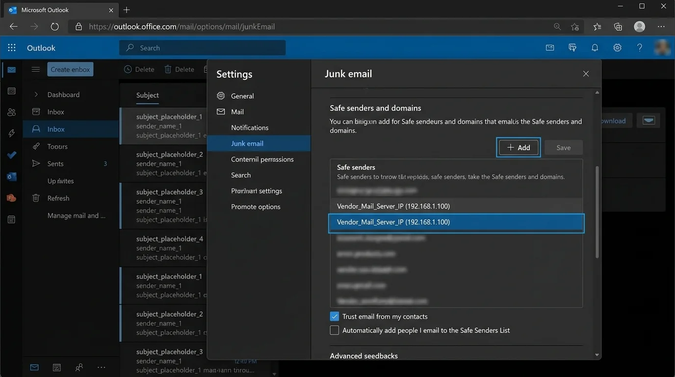 Diagram showing steps to create an allow-list in Outlook 365 for trusted vendor mail servers.