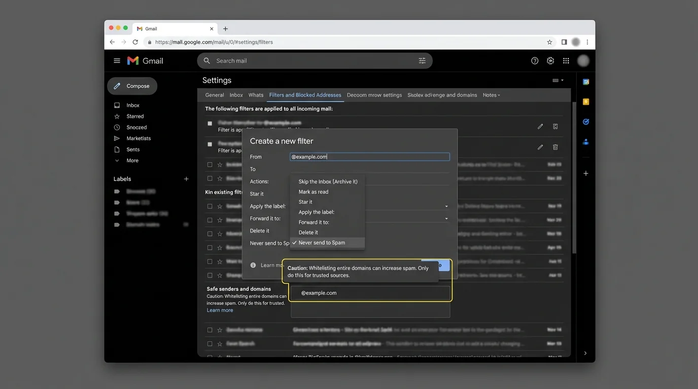 Alt text: Steps to whitelist a domain in Gmail and Outlook with caution on potential spam risks.