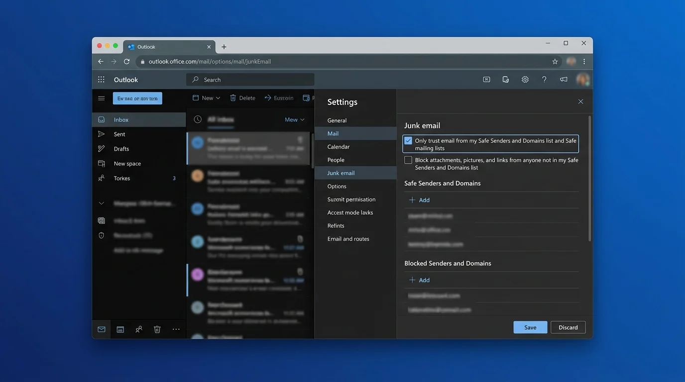Settings window showing categories like Mail, Calendar, and General for blocking emails in Outlook.