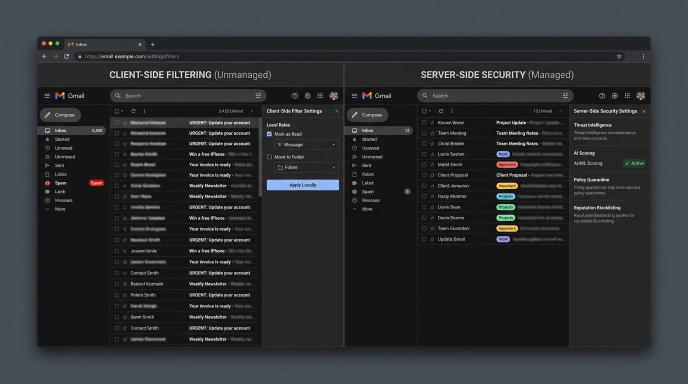 Illustration comparing security implications of server-side vs client-side email filtering.