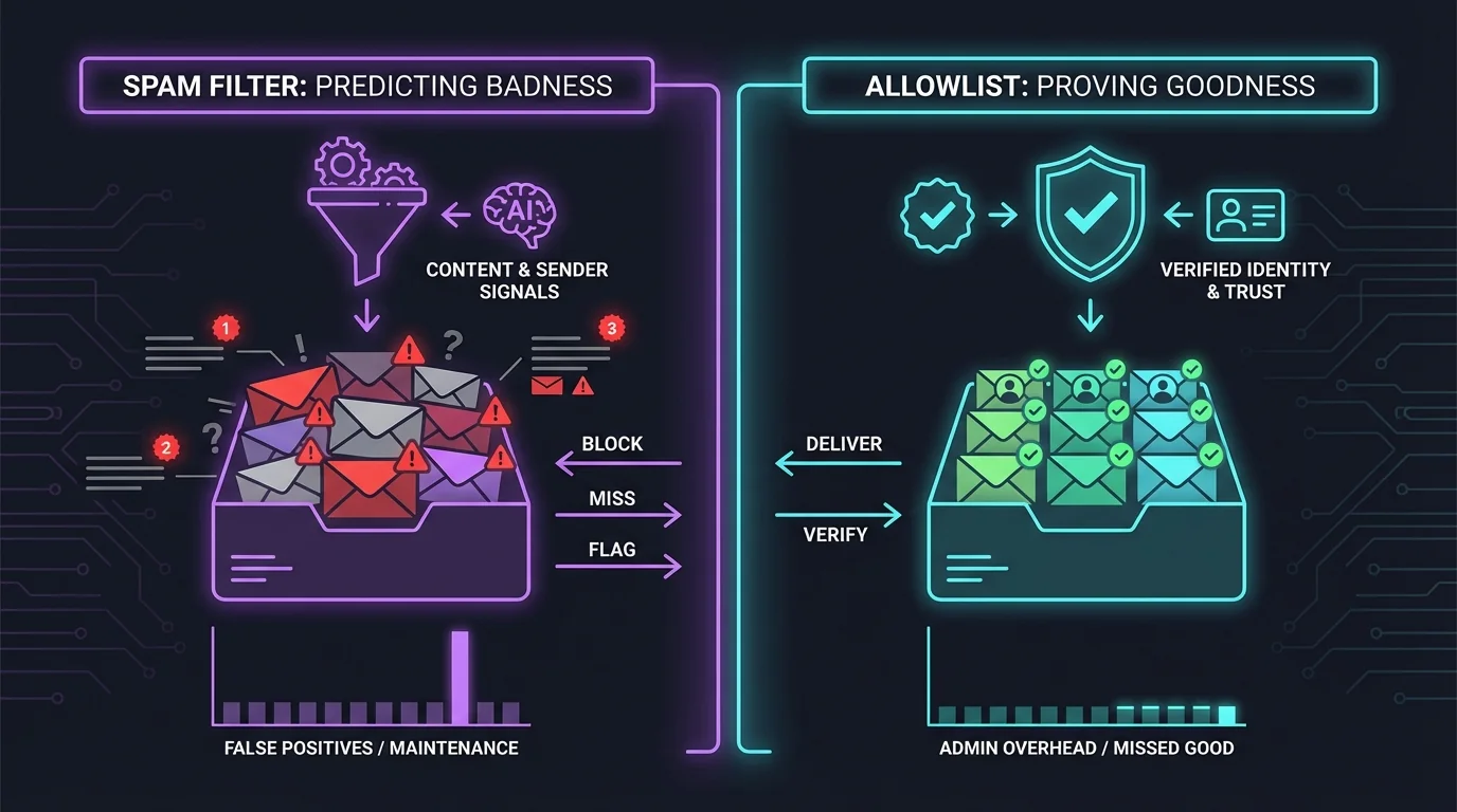 Comparison of spam filter and allowlist strategies in email classification models.