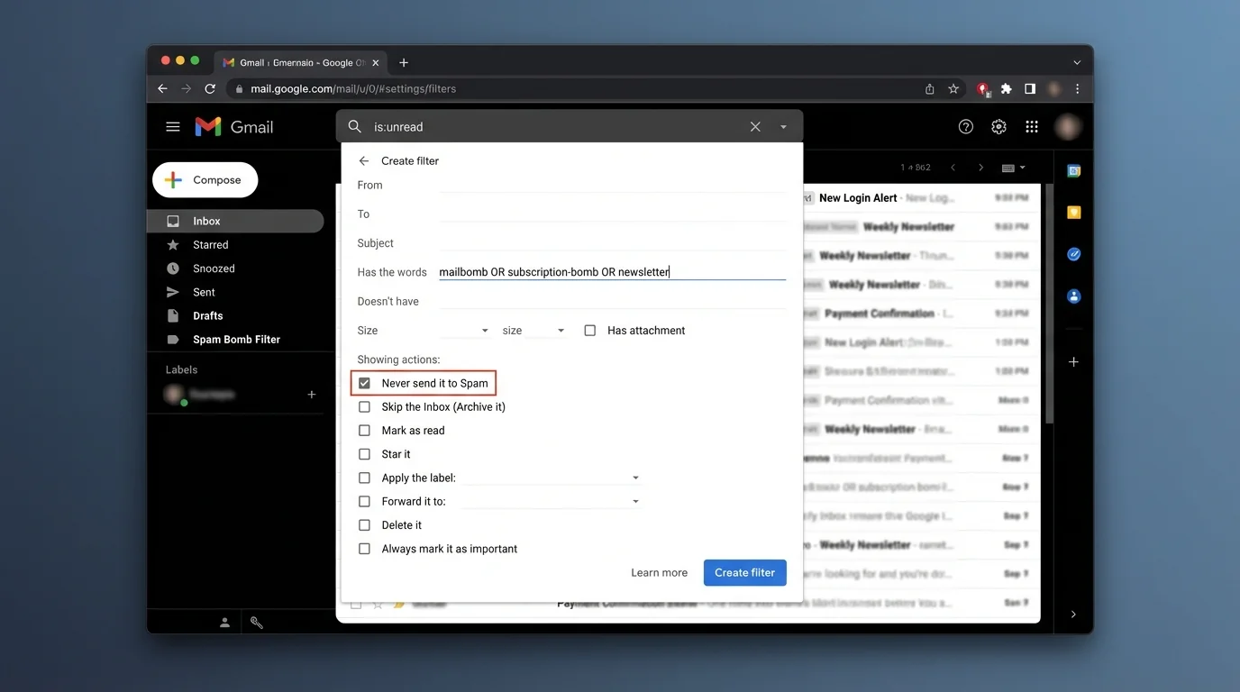 Illustration showing Gmail settings to filter and stop spam messages effectively.