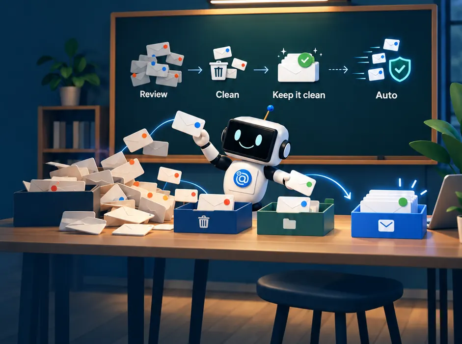 A friendly robot sorts a pile of email into trash, archive and inbox trays, under a board that reads Review, Clean, Keep it clean, Auto.